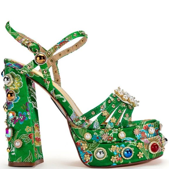 Callie Xhibit: Museum Platform Jeweled Tapestry Gold Pearl Heels - Picture 5 of 6